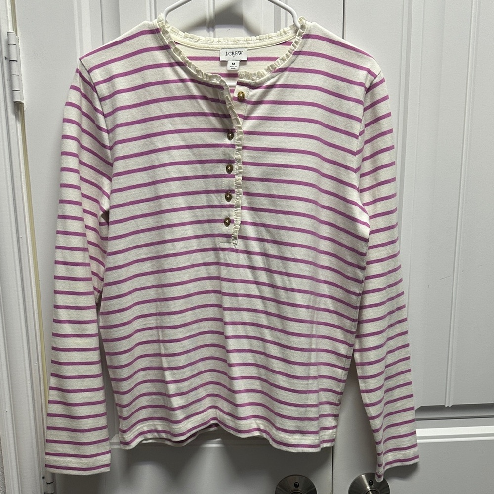 J. Crew Women’s  Long Sleeve Henley - Pink and Cream Stripes